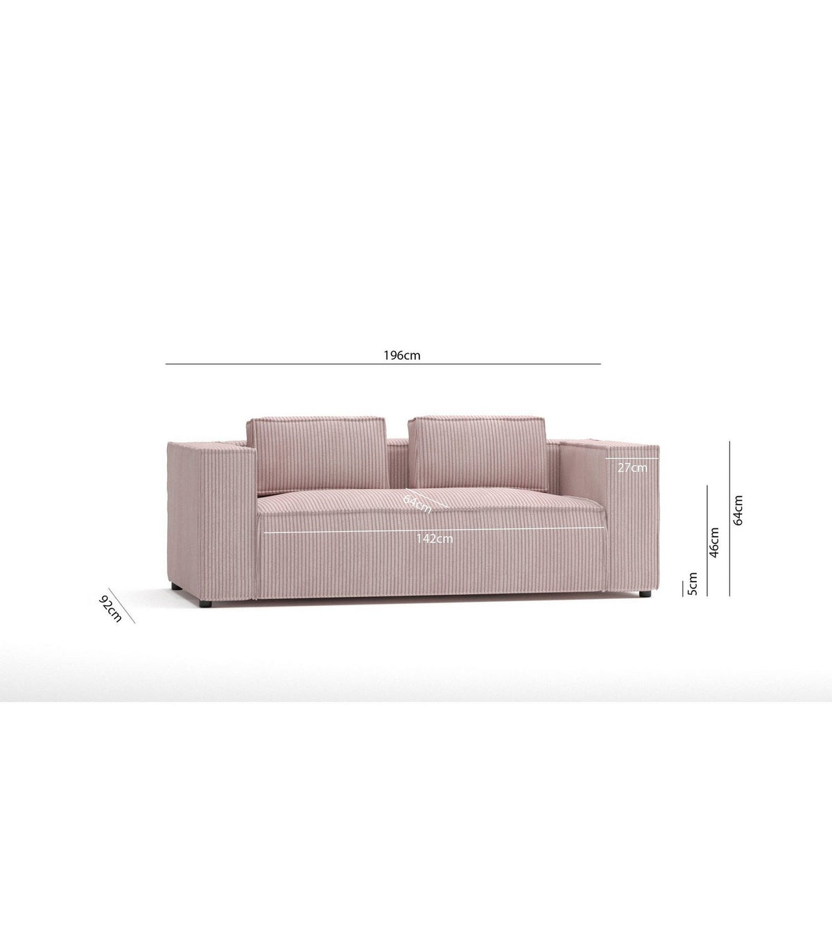 2-Sitzer Cord Sofa in Puderrosa von der Seite