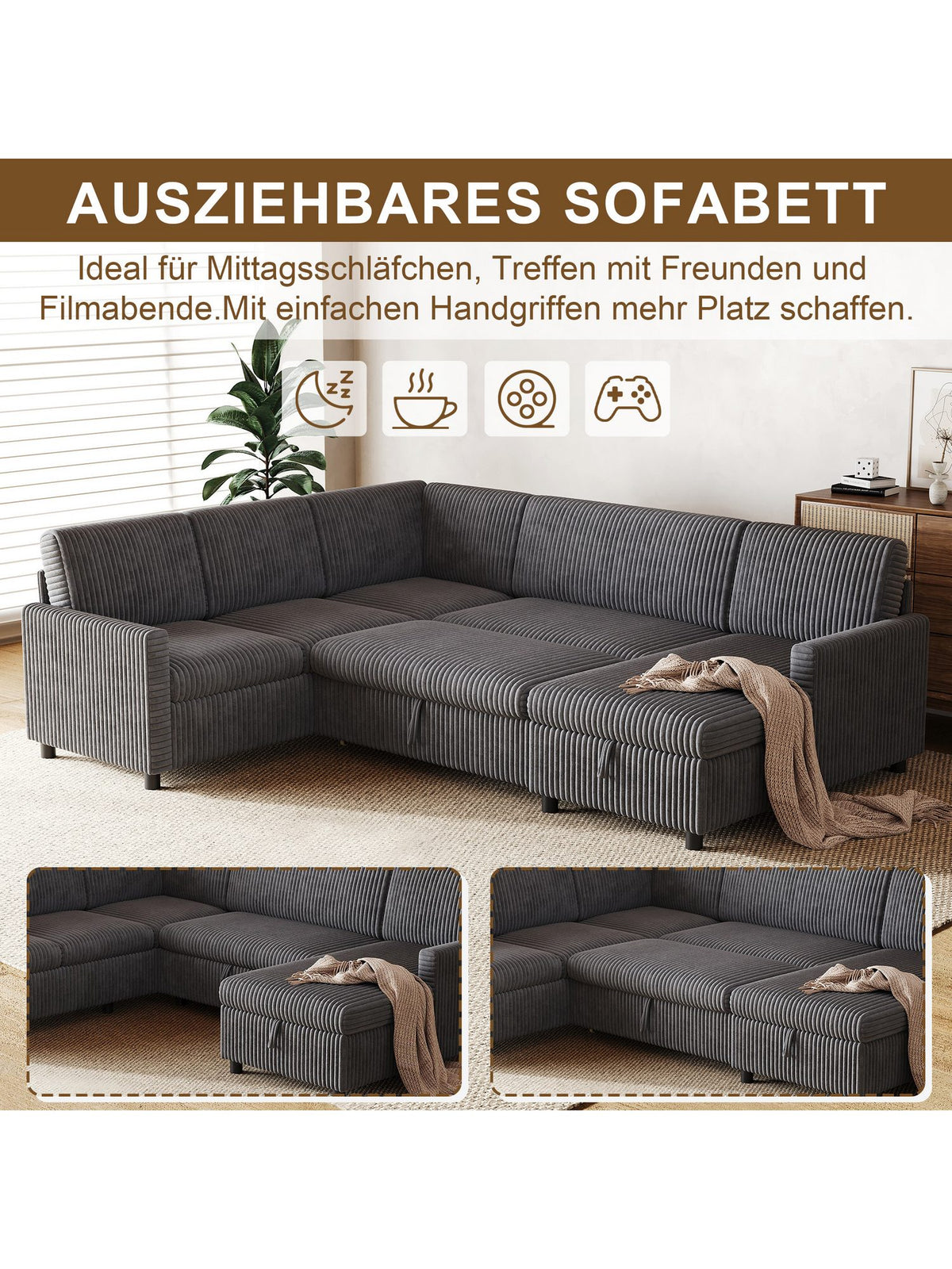 Sitzflaeche und Rueckenkissen des grauen Cord Sofas