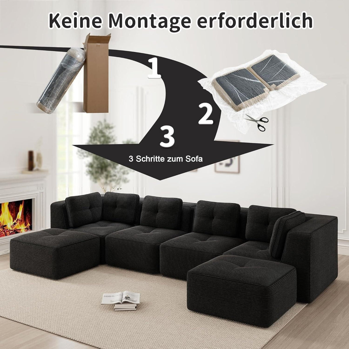 Ottoman-Module des schwarzen Cord Ecksofas als Hocker