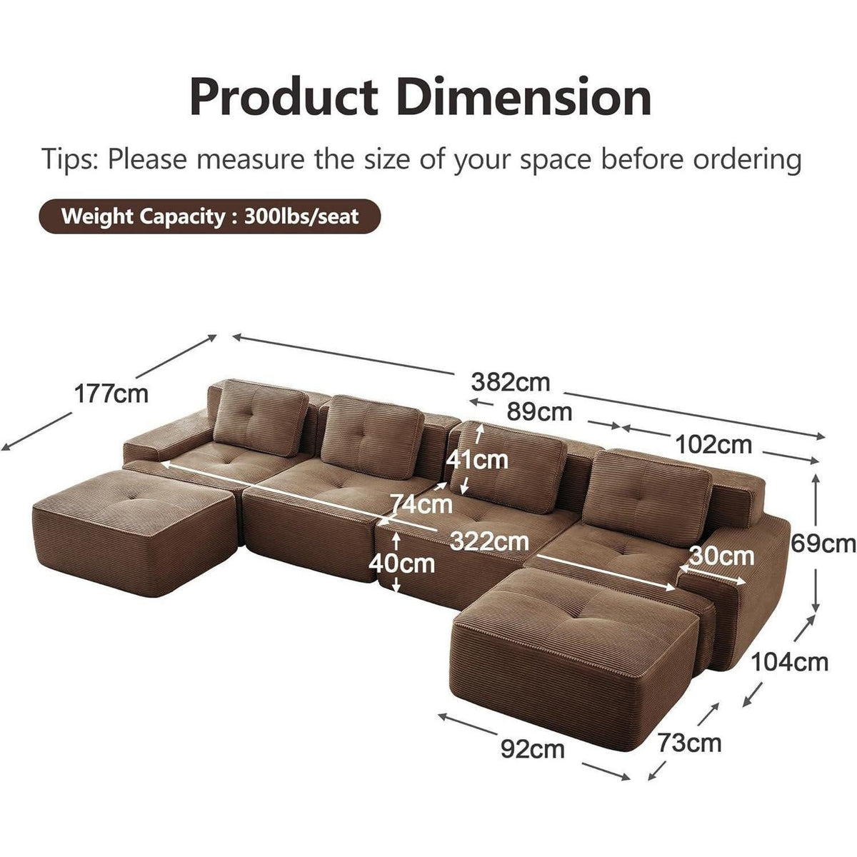 Modulare Cord Wohnlandschaft in Braun in U-Form