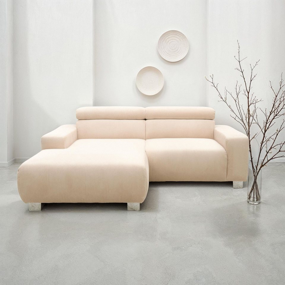 Cord Ecksofa 100030 in Creme mit Longchair links