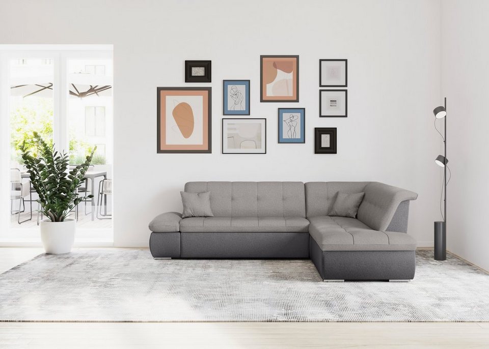 Cord Ecksofa MORIC in Grau Silber mit Ottomane rechts
