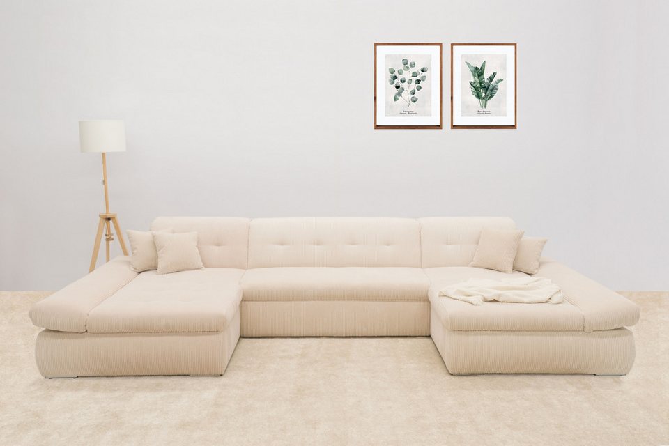 Cord Wohnlandschaft MORIC in Creme in U-Form mit Recamiere