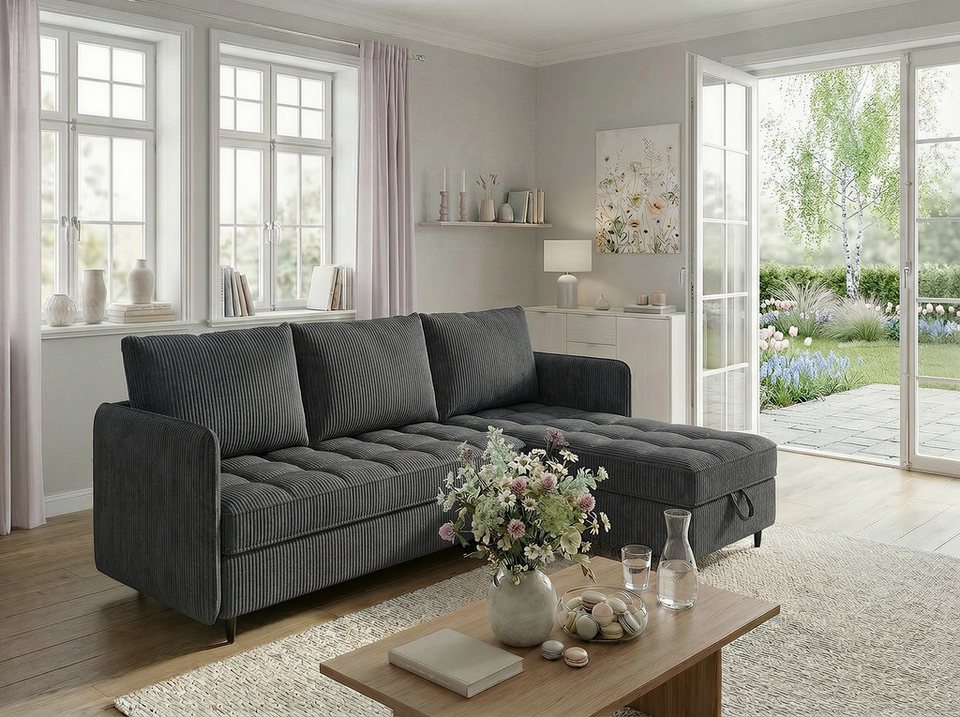 Modulares Cord Ecksofa LINDHUS in Anthrazit mit Recamiere und Stauraum