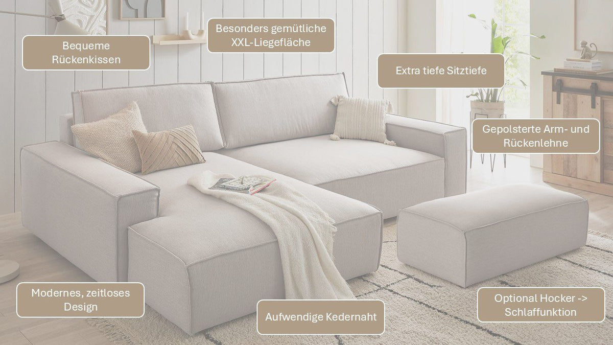 Cord Ecksofa SHERWOOD XXL mit Recamiere in Hellbeige