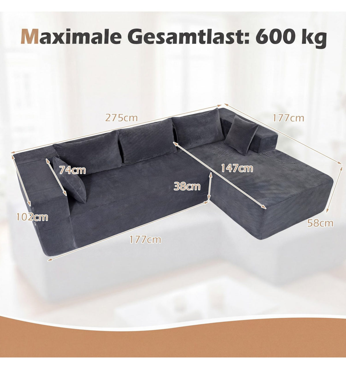 Anti-Rutsch-Unterseite des modularen Cord Ecksofas