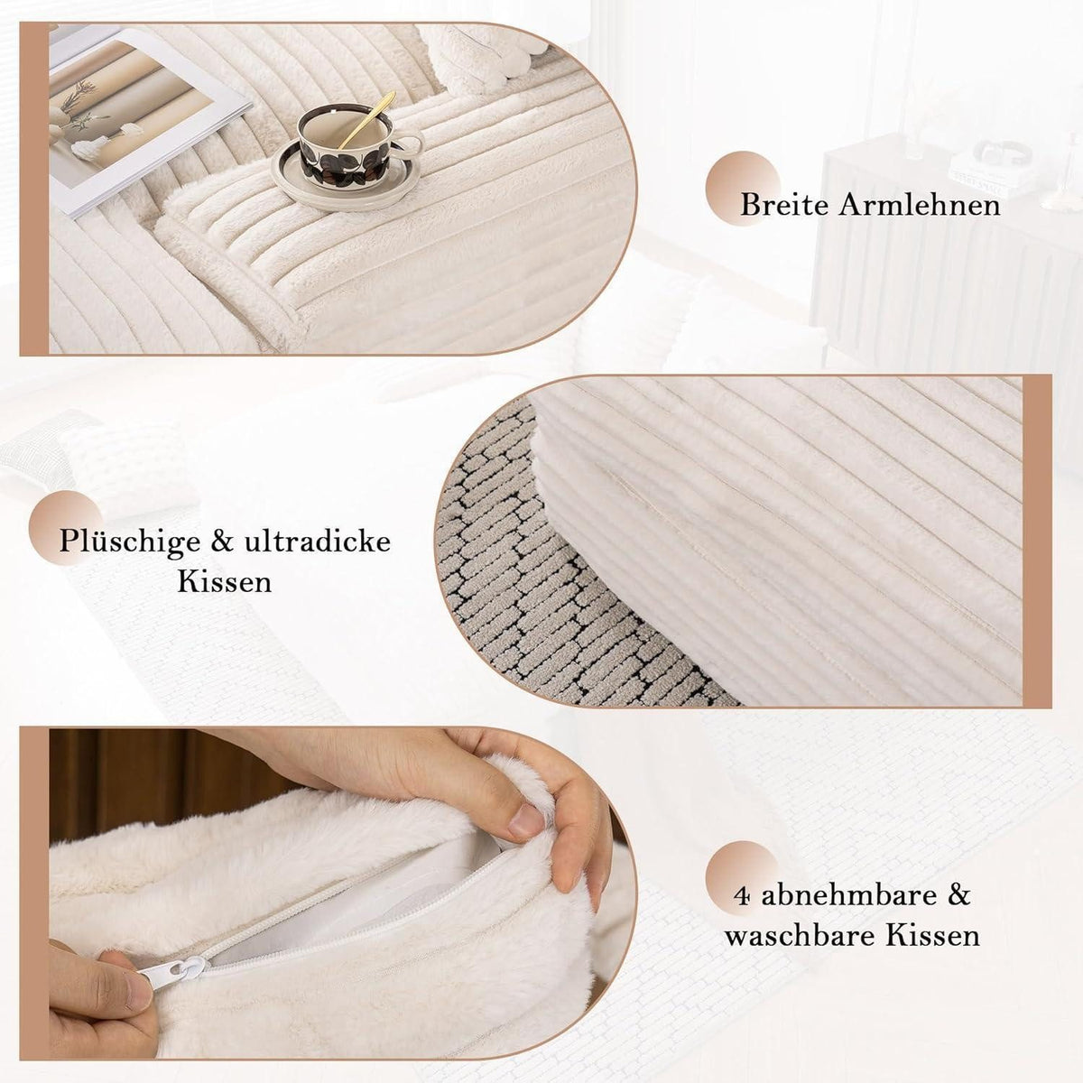 Cord Schlafsofa in Beige im Wohnzimmer aufgestellt