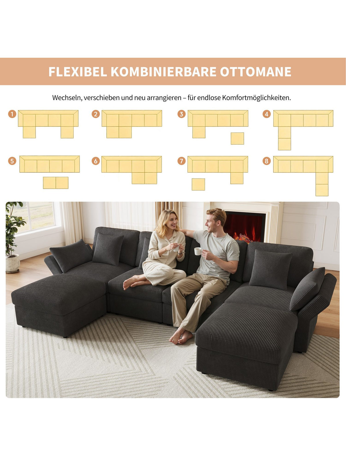 Verstellbare Armlehne der grauen Cord Wohnlandschaft