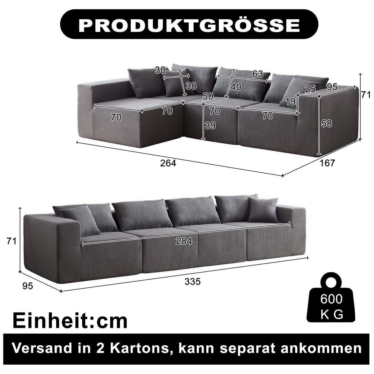 Modulares Cord Ecksofa ANYSUN Grau aus vier Teilen