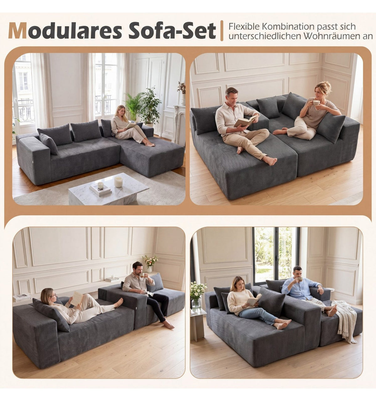 Modulares Cord Ecksofa mit fünf Kissen