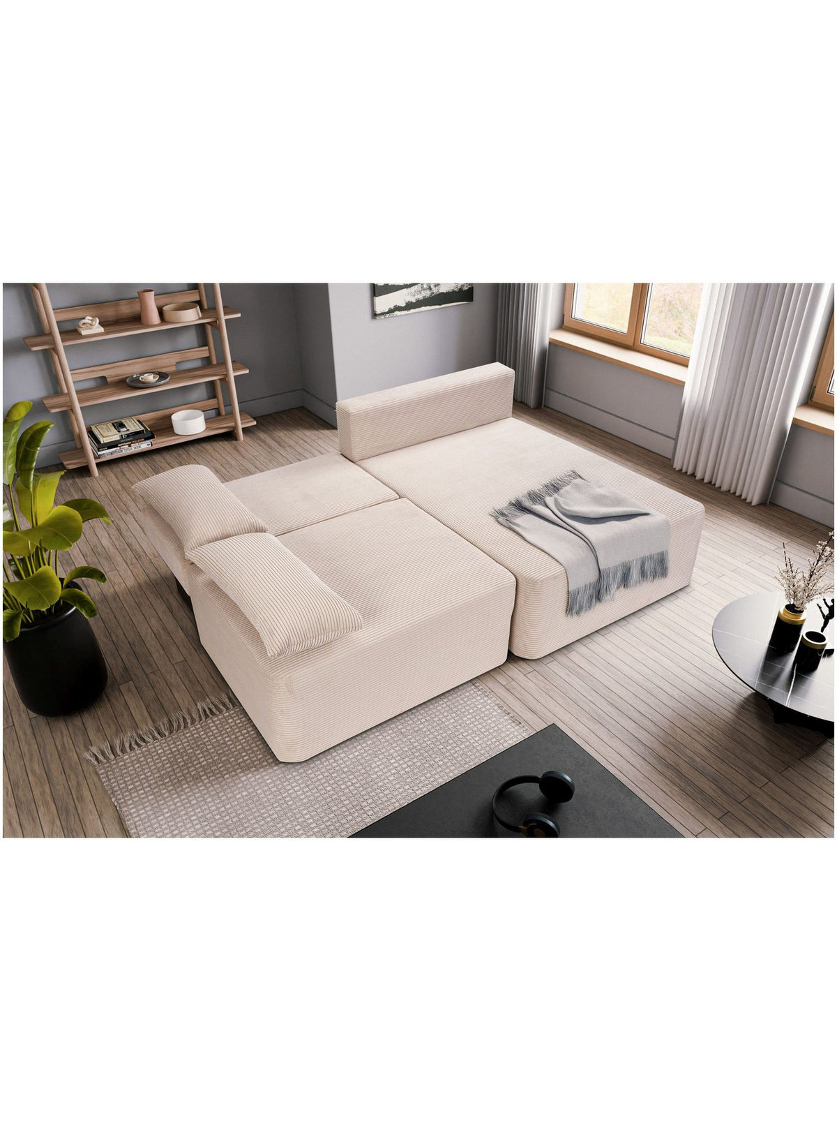 Cord Schlafsofa AMSTERIX in Grau-Beige komplett aufgestellt