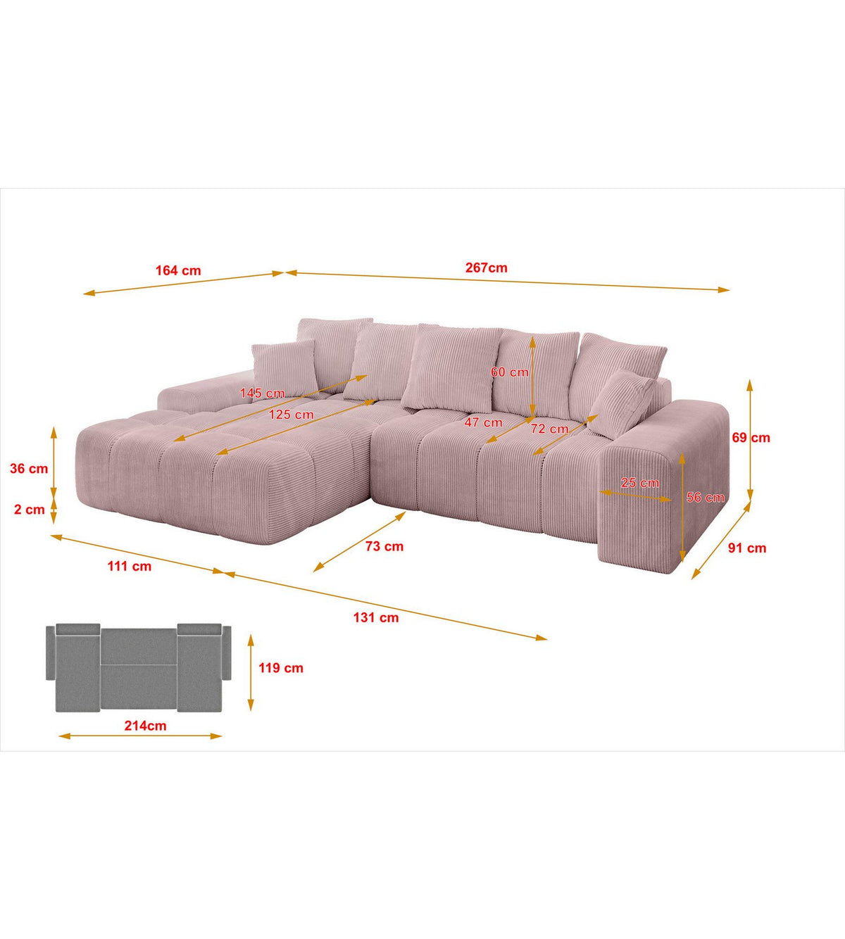Cord Ecksofa ENSI-L mit Ottomane links im Wohnzimmer