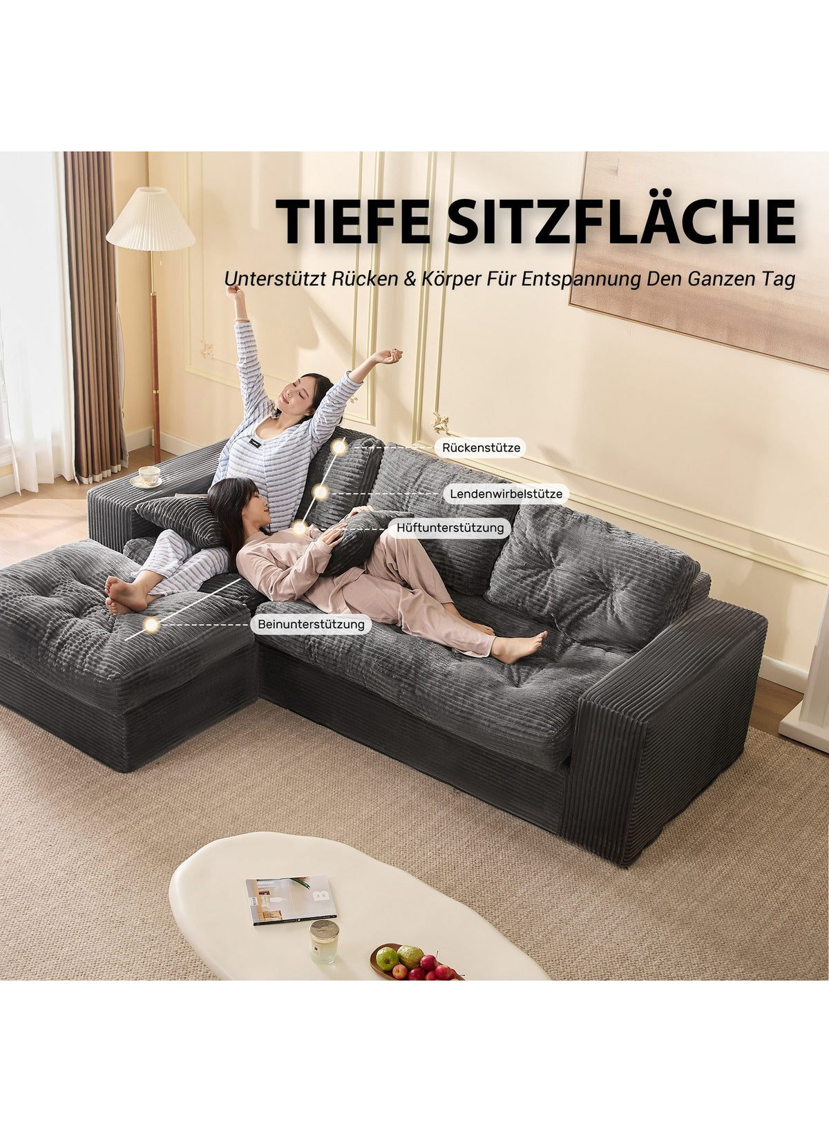 Recamiere des modularen Cord Sofas in Grau