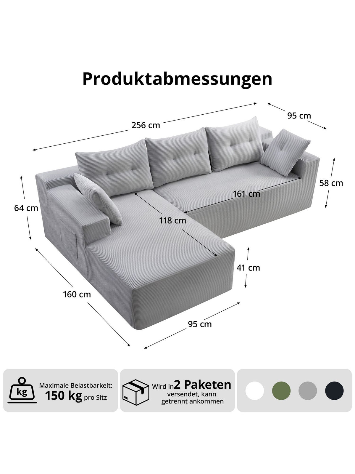 Modulares Cord Ecksofa in Hellgrau - Produktansicht 2