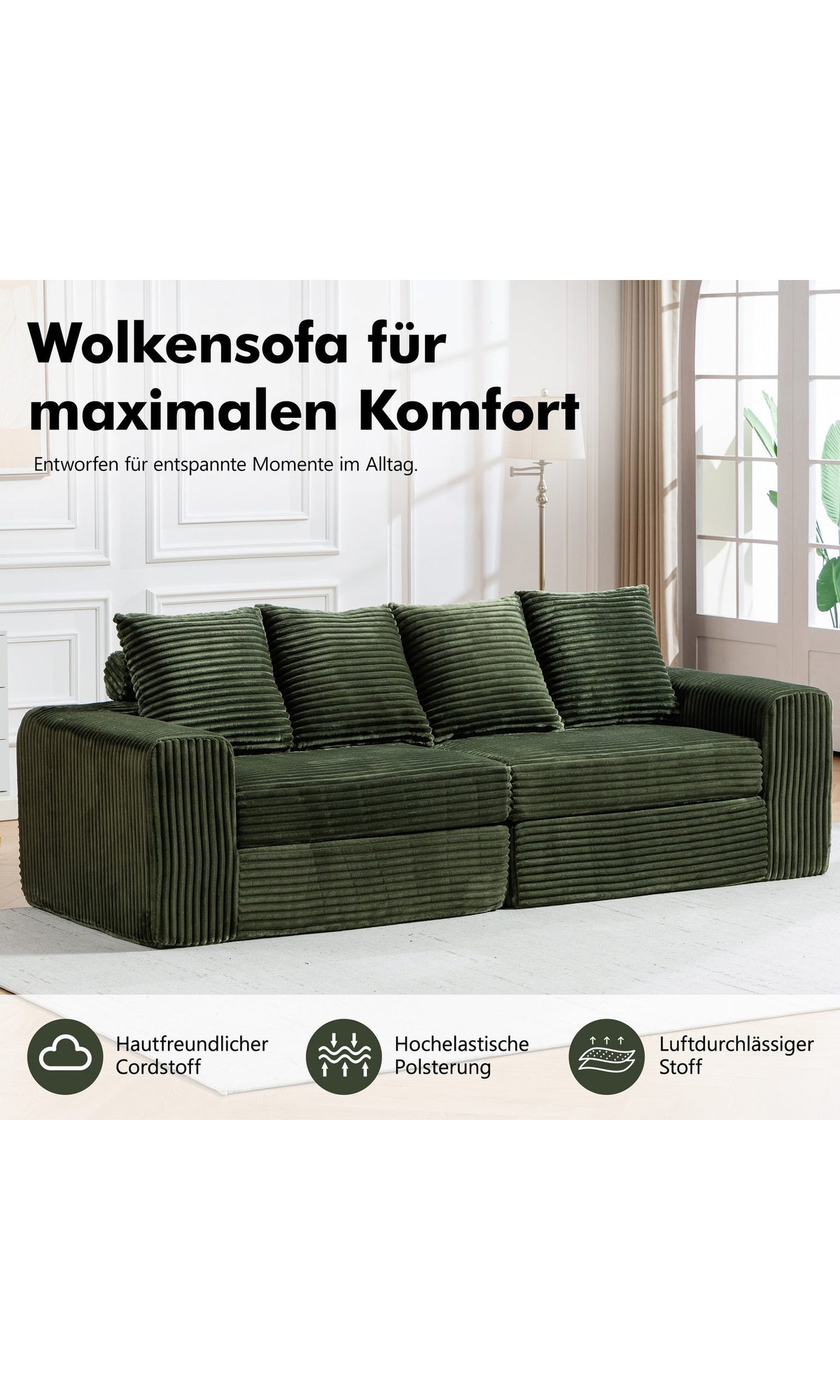 Modulares Cord Sofa Grün im Wohnzimmer