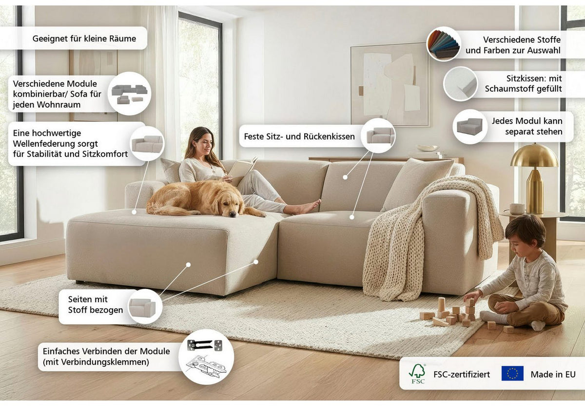 Seitenansicht des bodentiefen KOA Ecksofas
