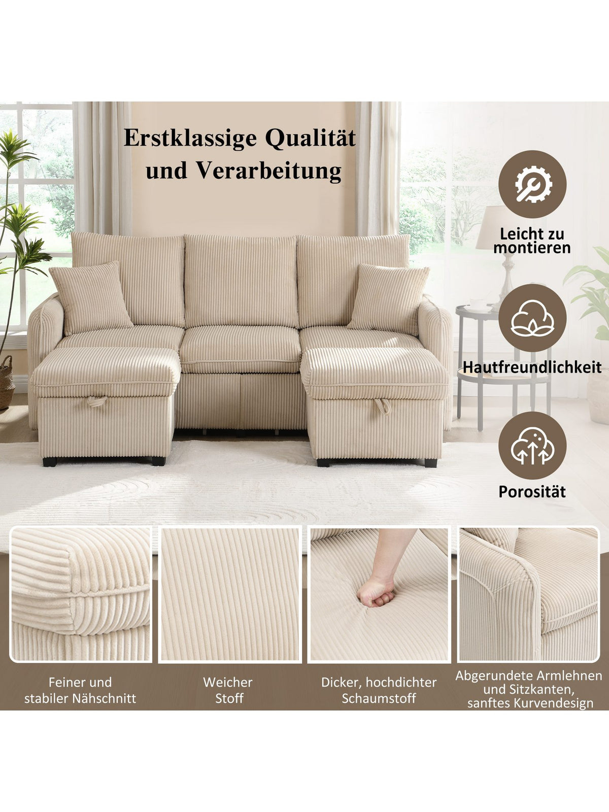 Cord Ecksofa als L-Form-Liege aufgebaut