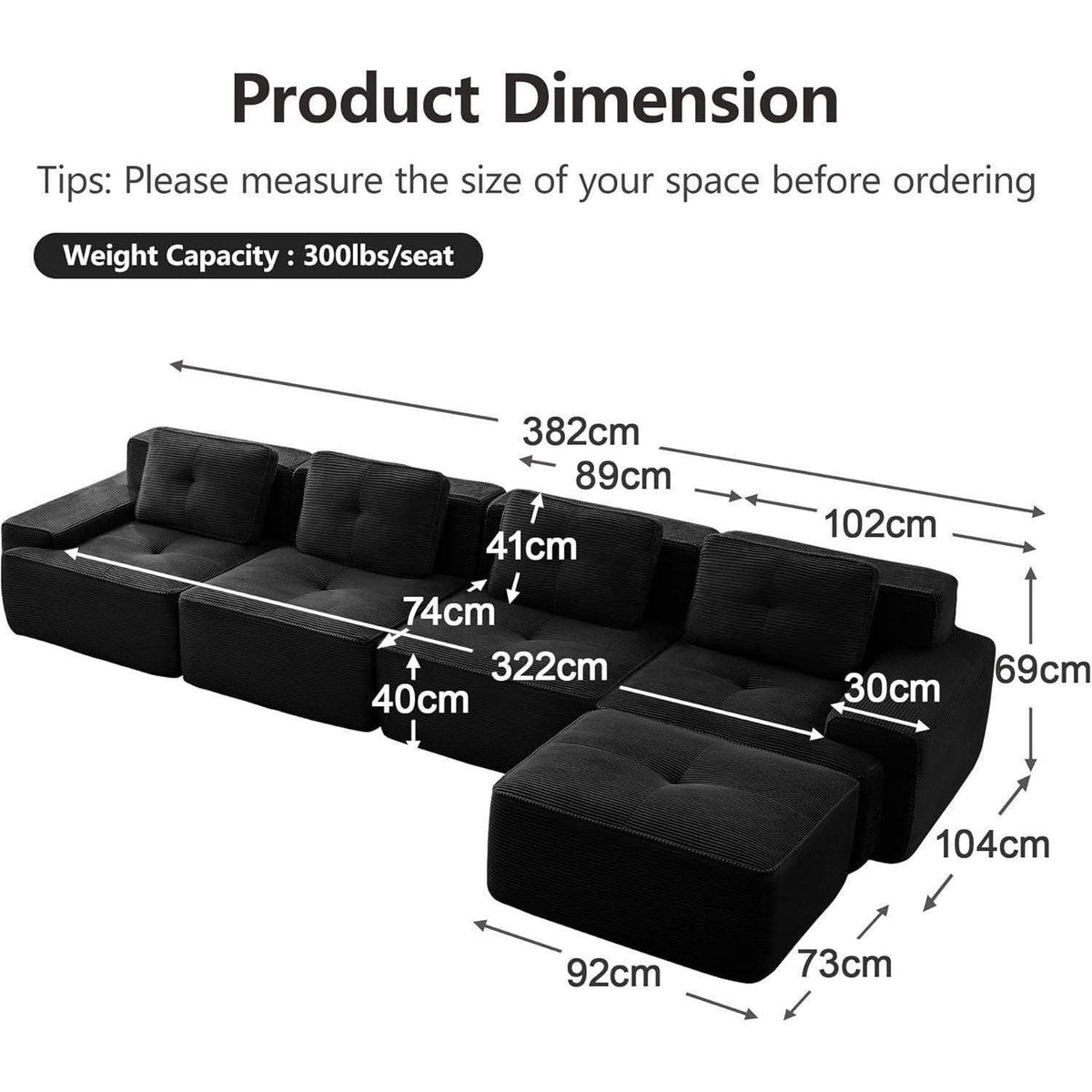 Schwarzes Cord Ecksofa in L-Form im Wohnzimmer