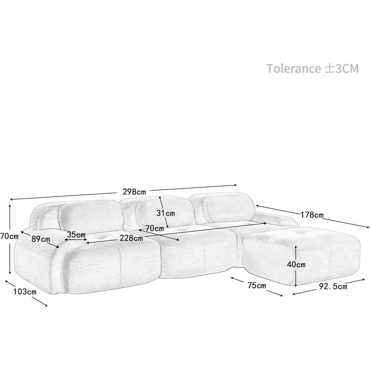 Cord Ecksofa in L-Form in Grau von vorne