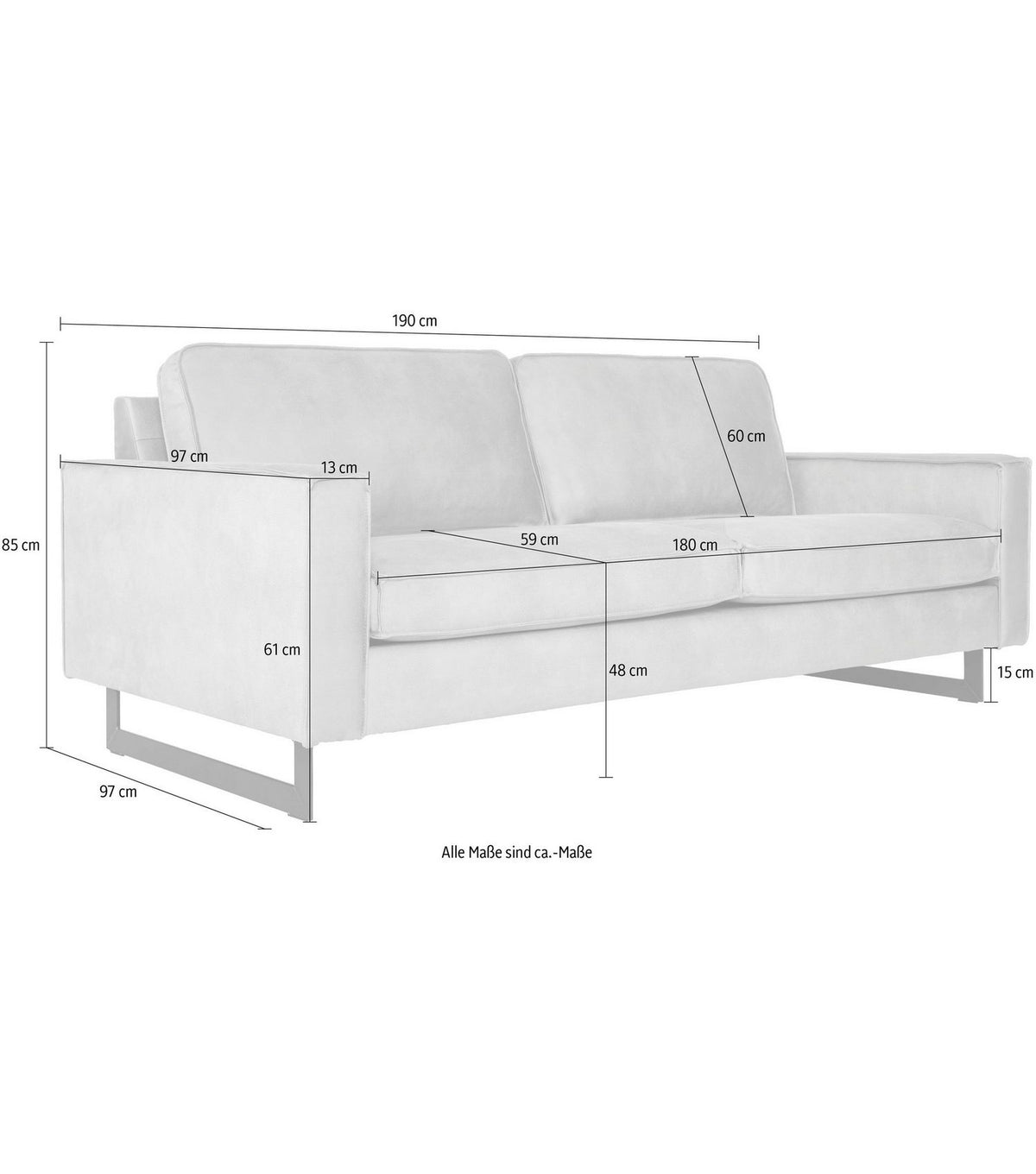 Maßangaben des Cord Sofas PINTO mit 206 cm Breite