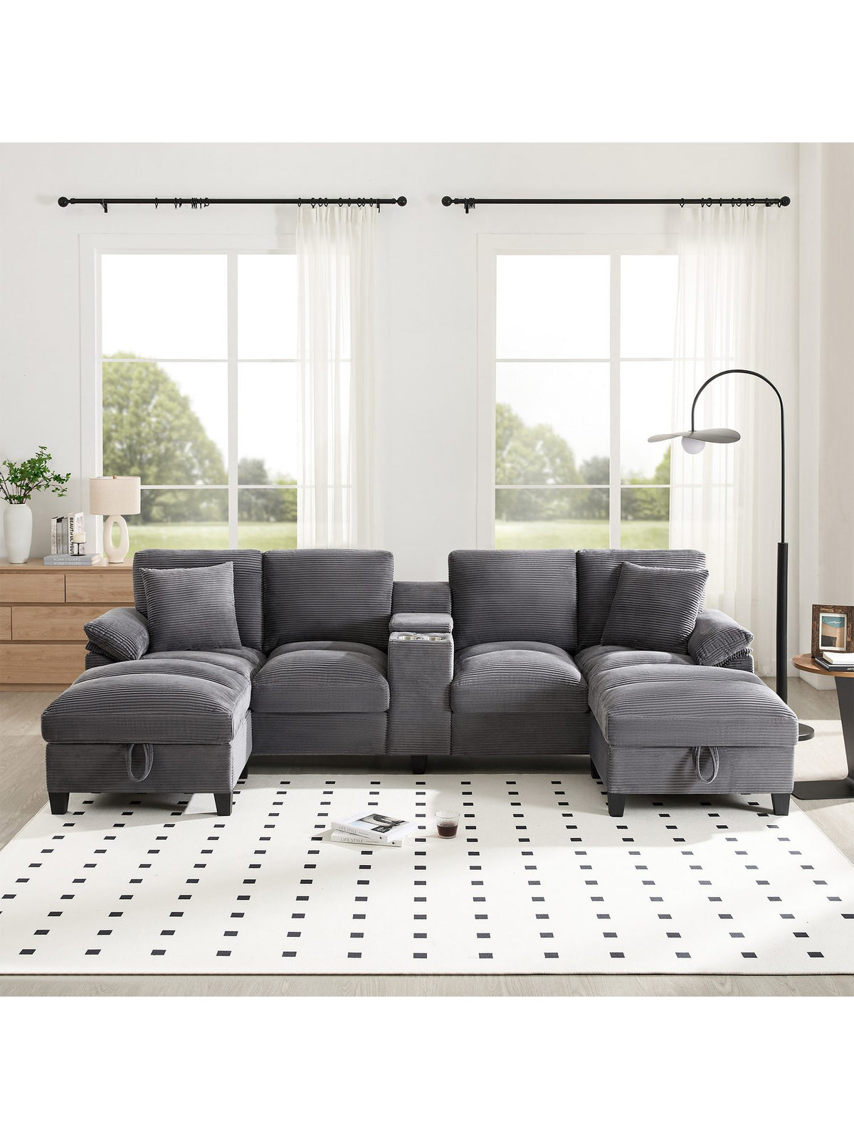 Cord Big Sofa in Grau in U-Form von vorne