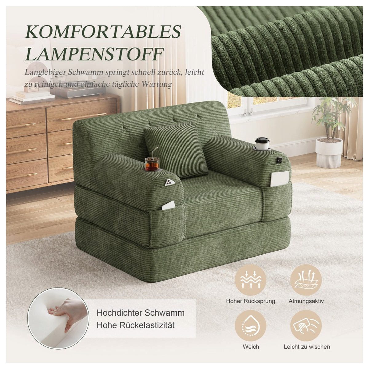 Detailaufnahme des grünen Cordbezugs