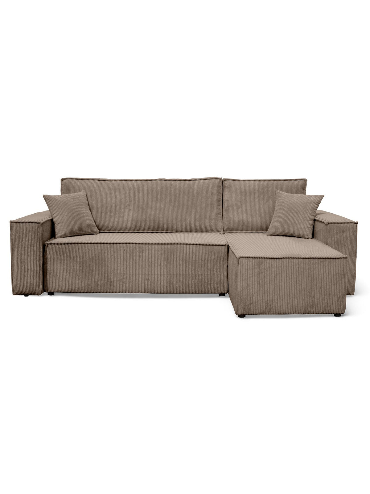 Geoeffneter Bettkasten des Cord Ecksofas COMO