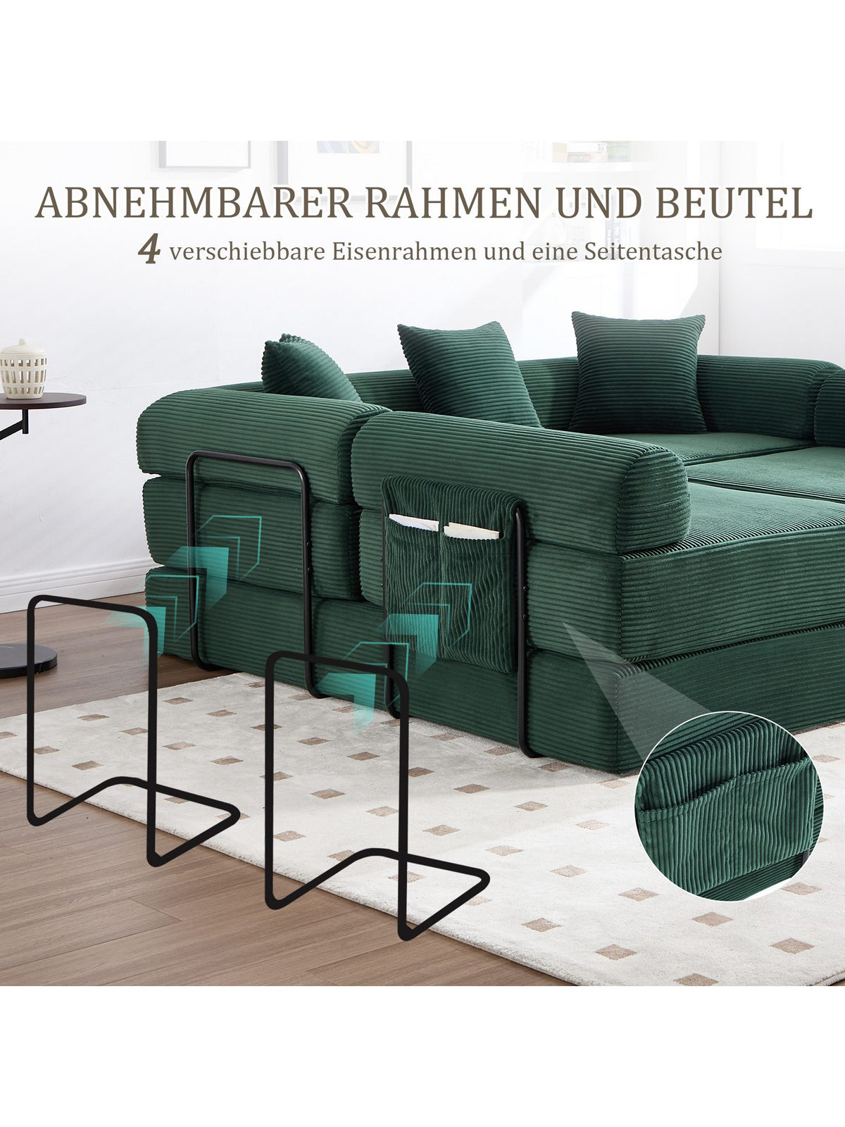 Metallrahmen und Hängetaschen des grünen Cord Modulsofas