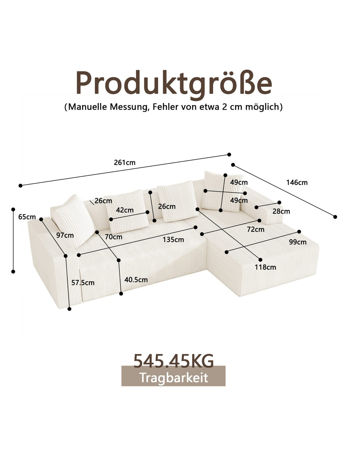 Cord Ecksofa CLOUD mit tiefer Sitzfläche und vier Kissen