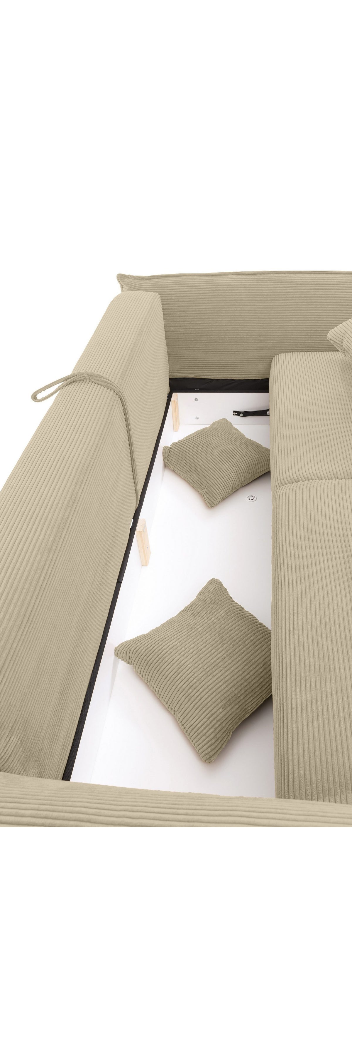 Geöffneter weißer Bettkasten des Cord Big Sofas