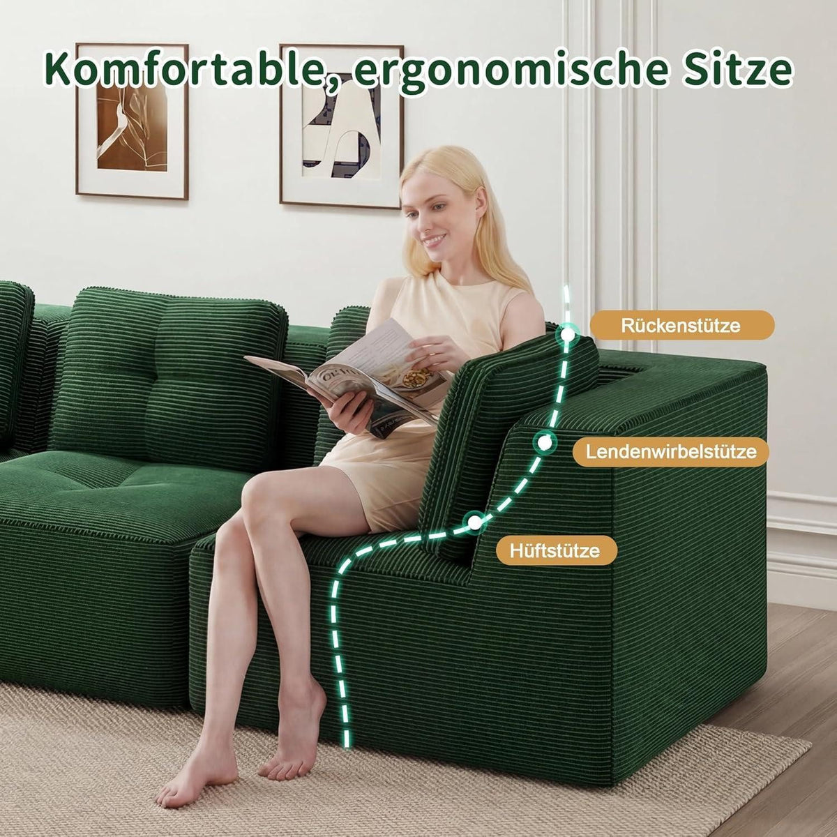 Modulanordnung des grünen Cord Ecksofas