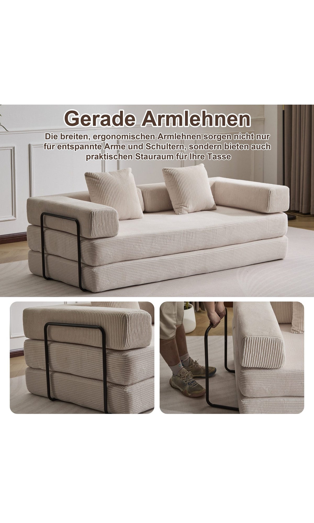 LEAWIN Cord Schlafsofa flach ausgeklappt als Gästebett