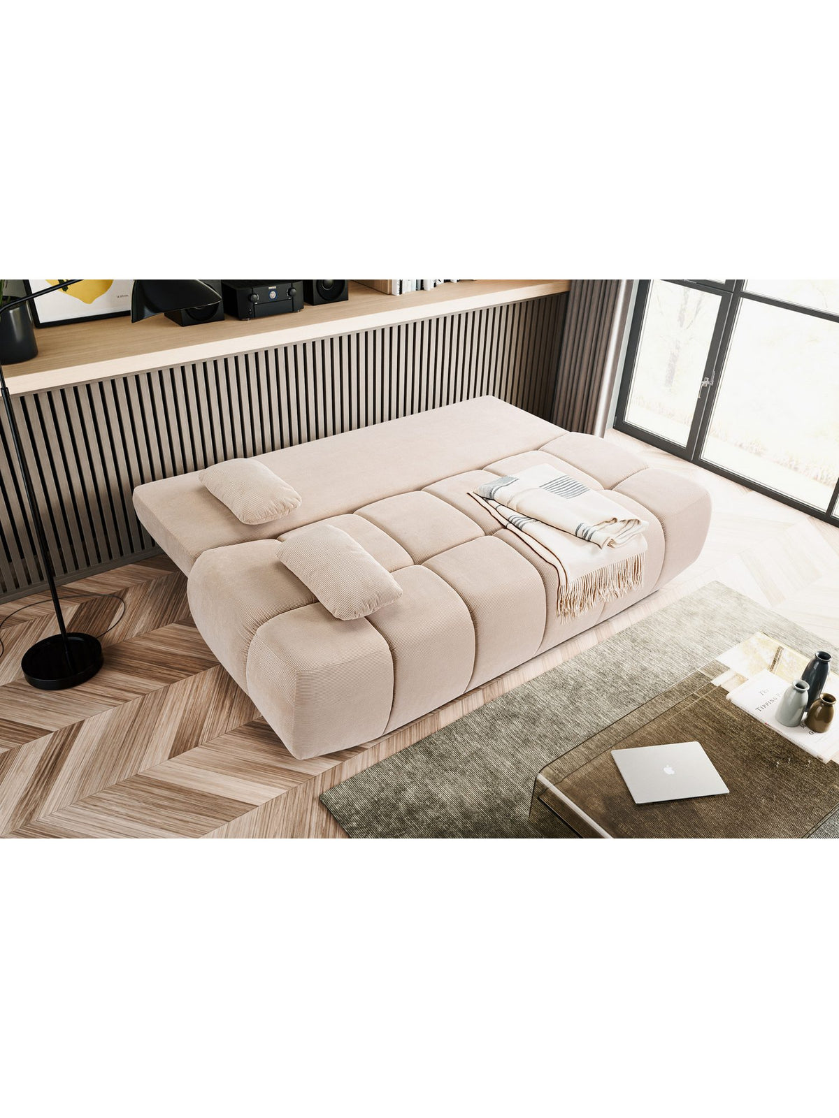 Schlafsofa LAUNO seitlich mit echt bezogenem Ruecken