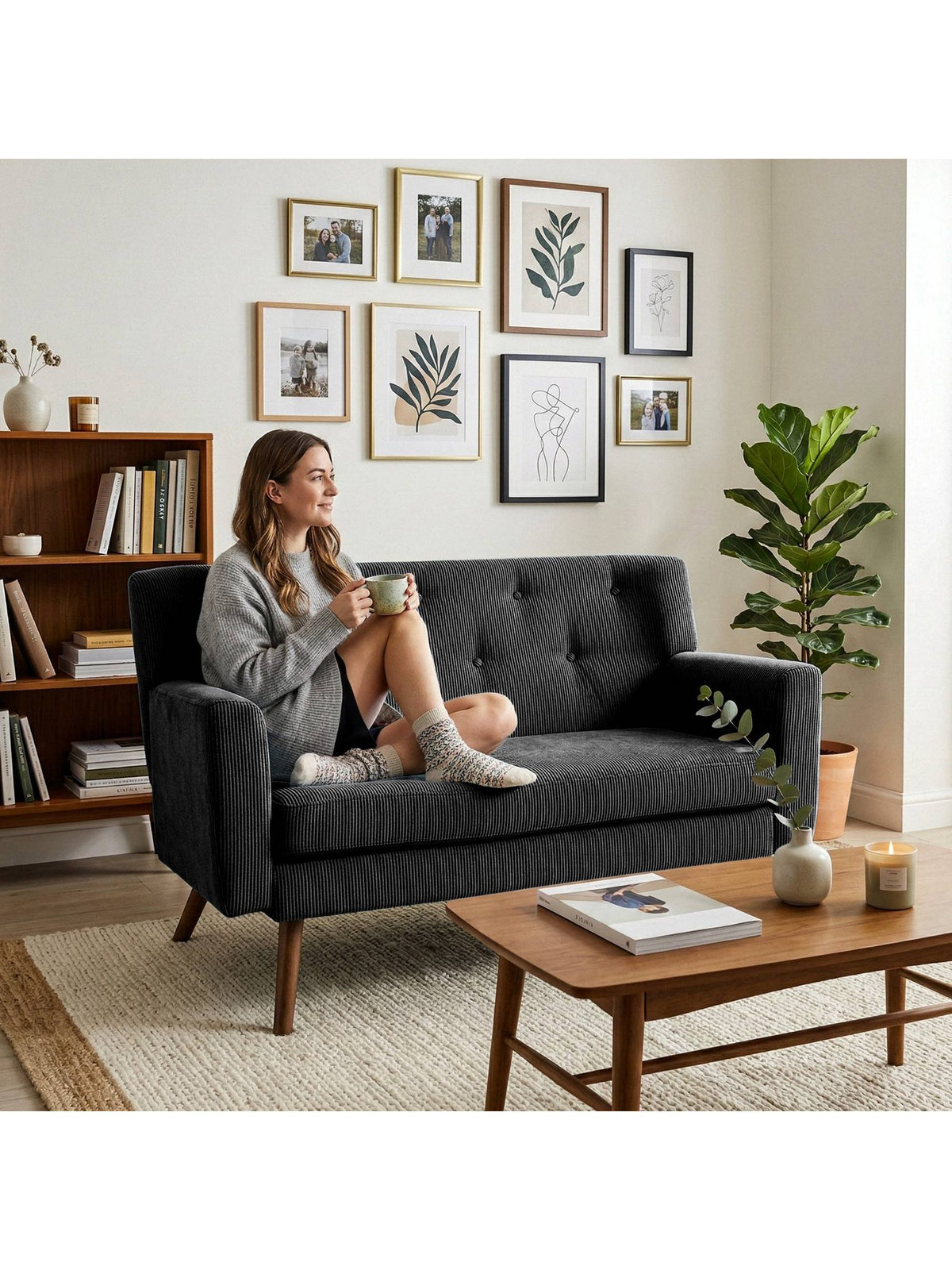 Cord Sofa KIONI seitliche Ansicht mit Holzbeinen