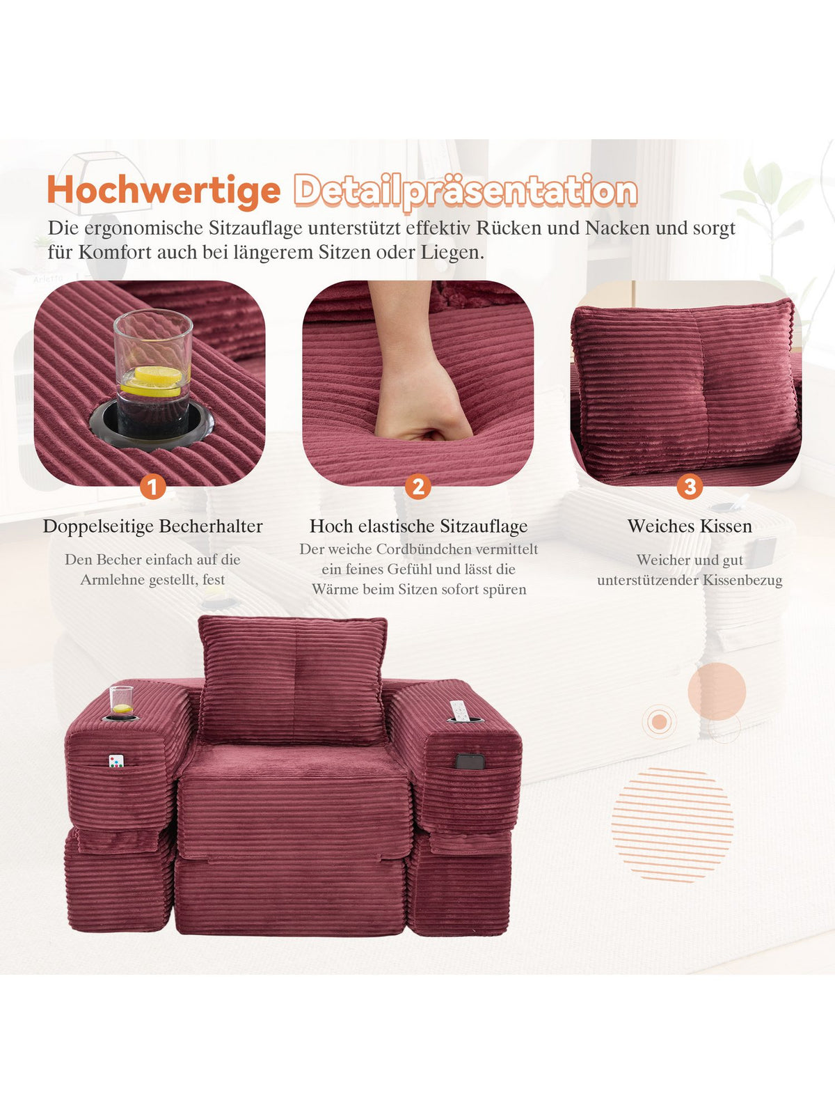 Cord Klappsofa CELYA Nahaufnahme des Cordstoffs