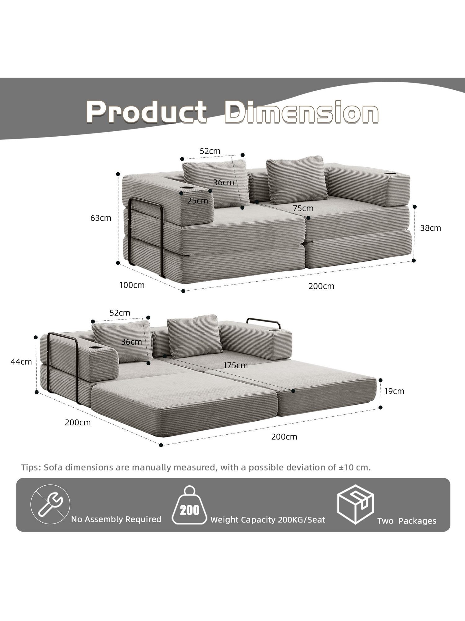 Faltbares Cord Schlafsofa Grau im Wohnzimmer