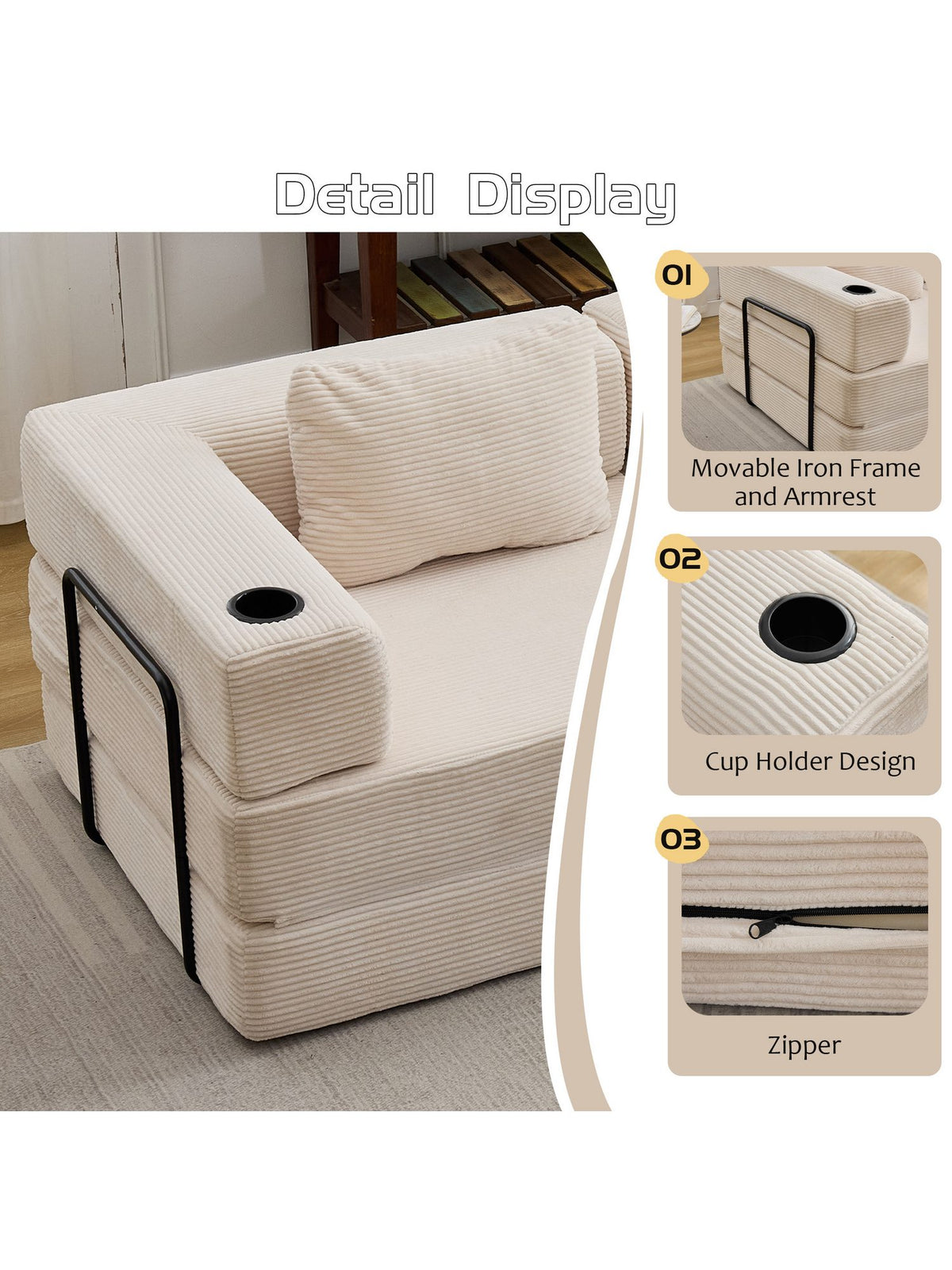 Cord Schlafsofa ORVANE in Weiss Detailansicht