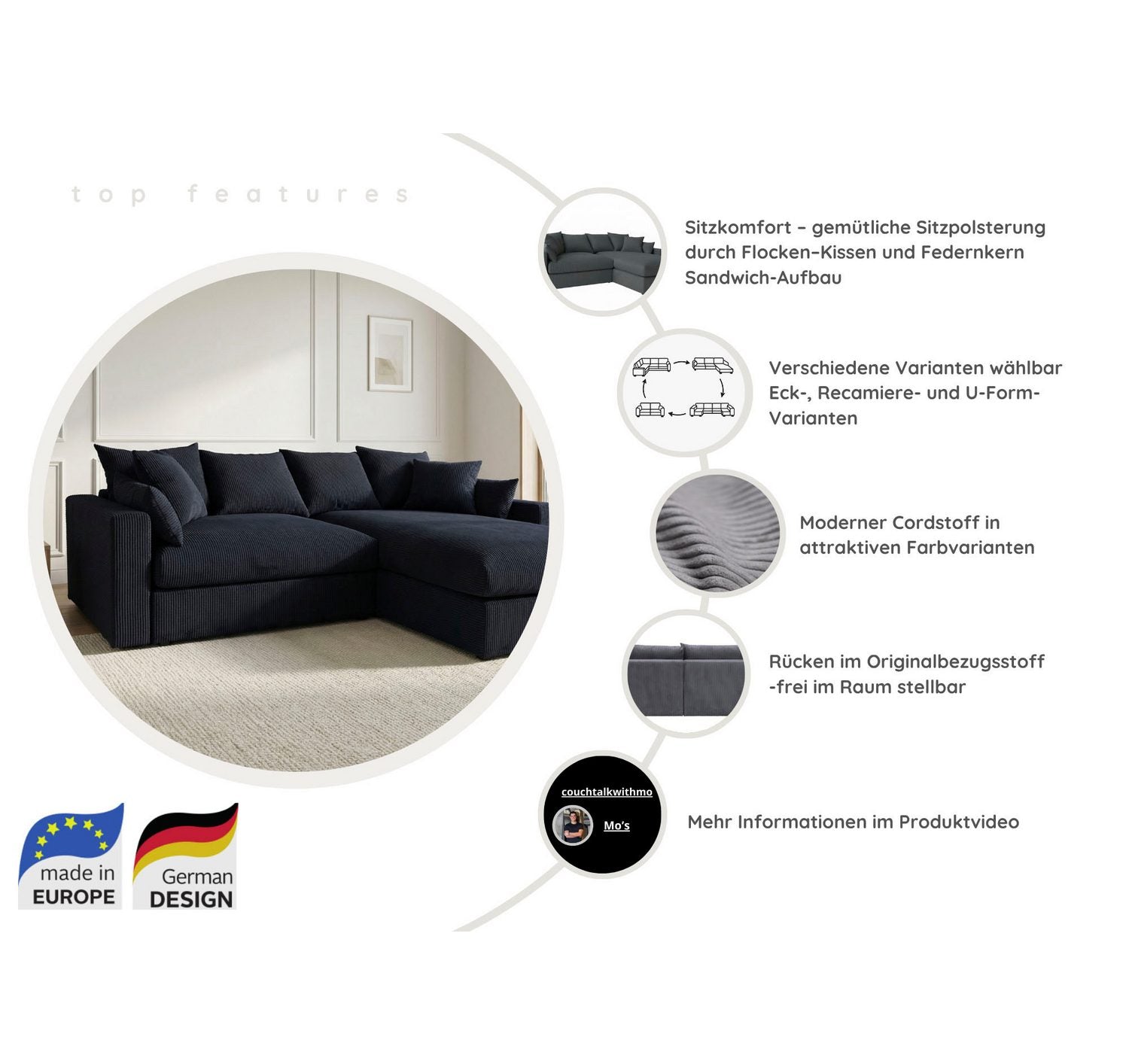 Cord Ecksofa COSY LOUNGE mit Hocker und Zierkissen