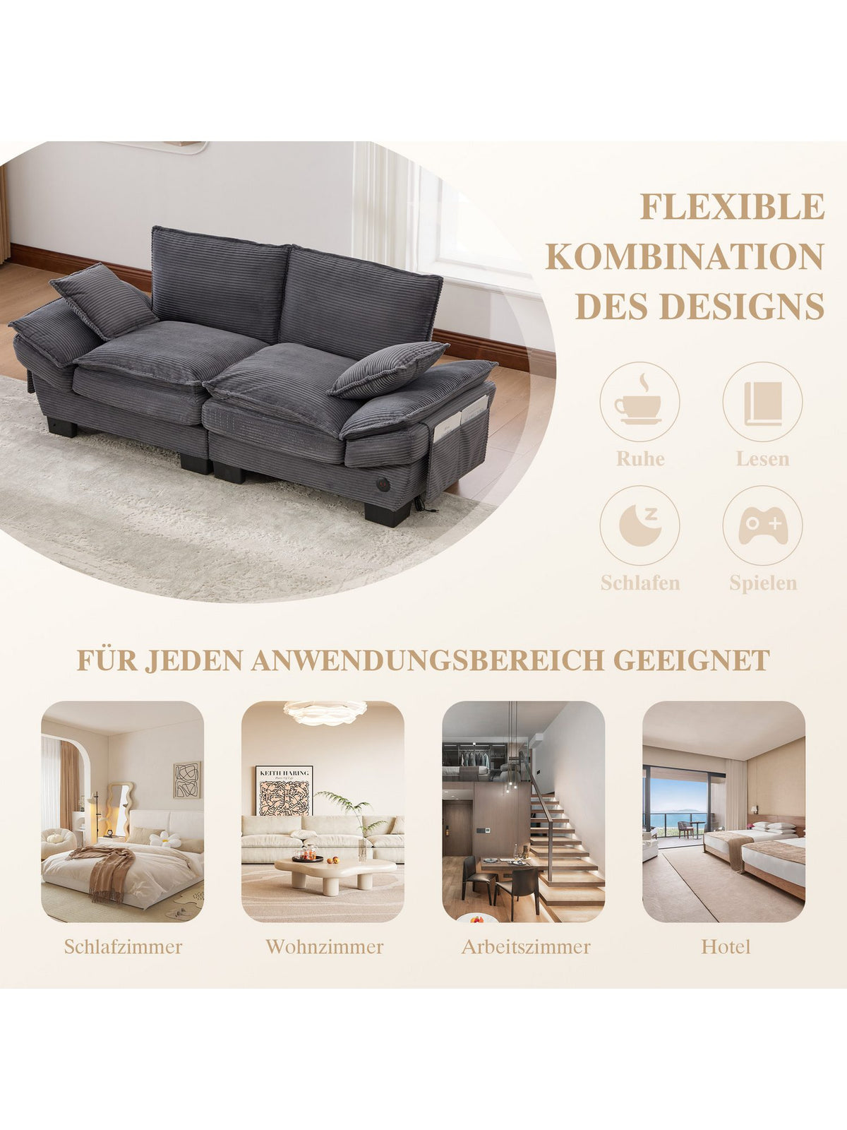 Sitzfläche und Rückenlehne des Cordsofas in Dunkelgrau