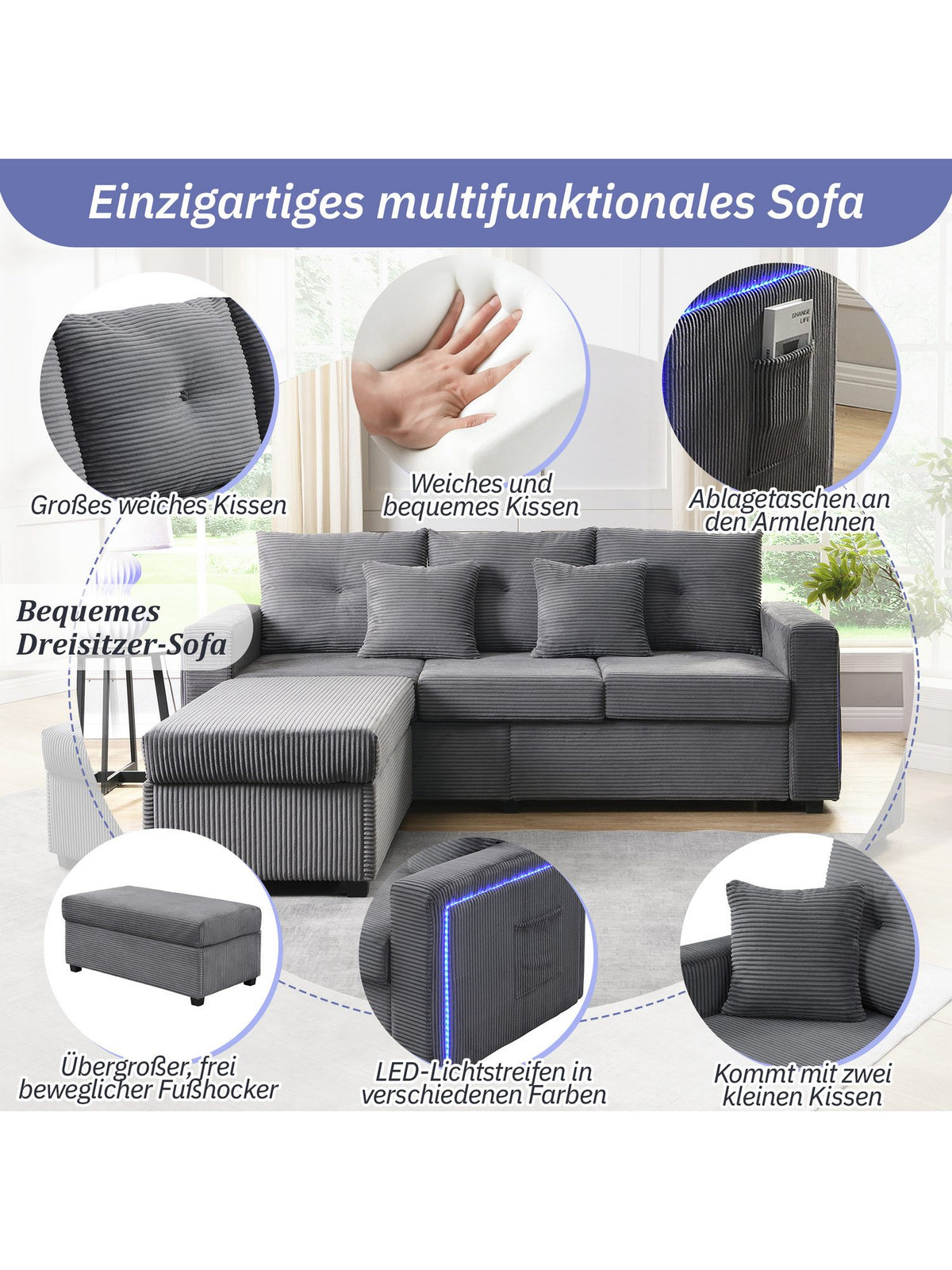 Cord Ecksofa MERAX mit eingeschalteter LED-Beleuchtung an den Armlehnen