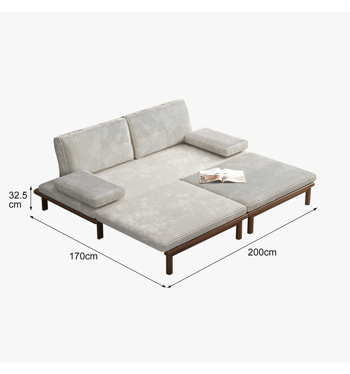 Seitenansicht des Cord Schlafsofas mit Eschenholzfüßen