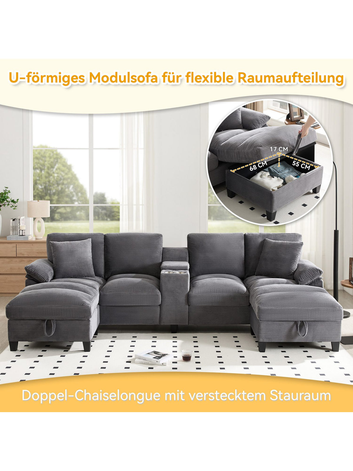Seitenansicht des Cord Big Sofas in Grau
