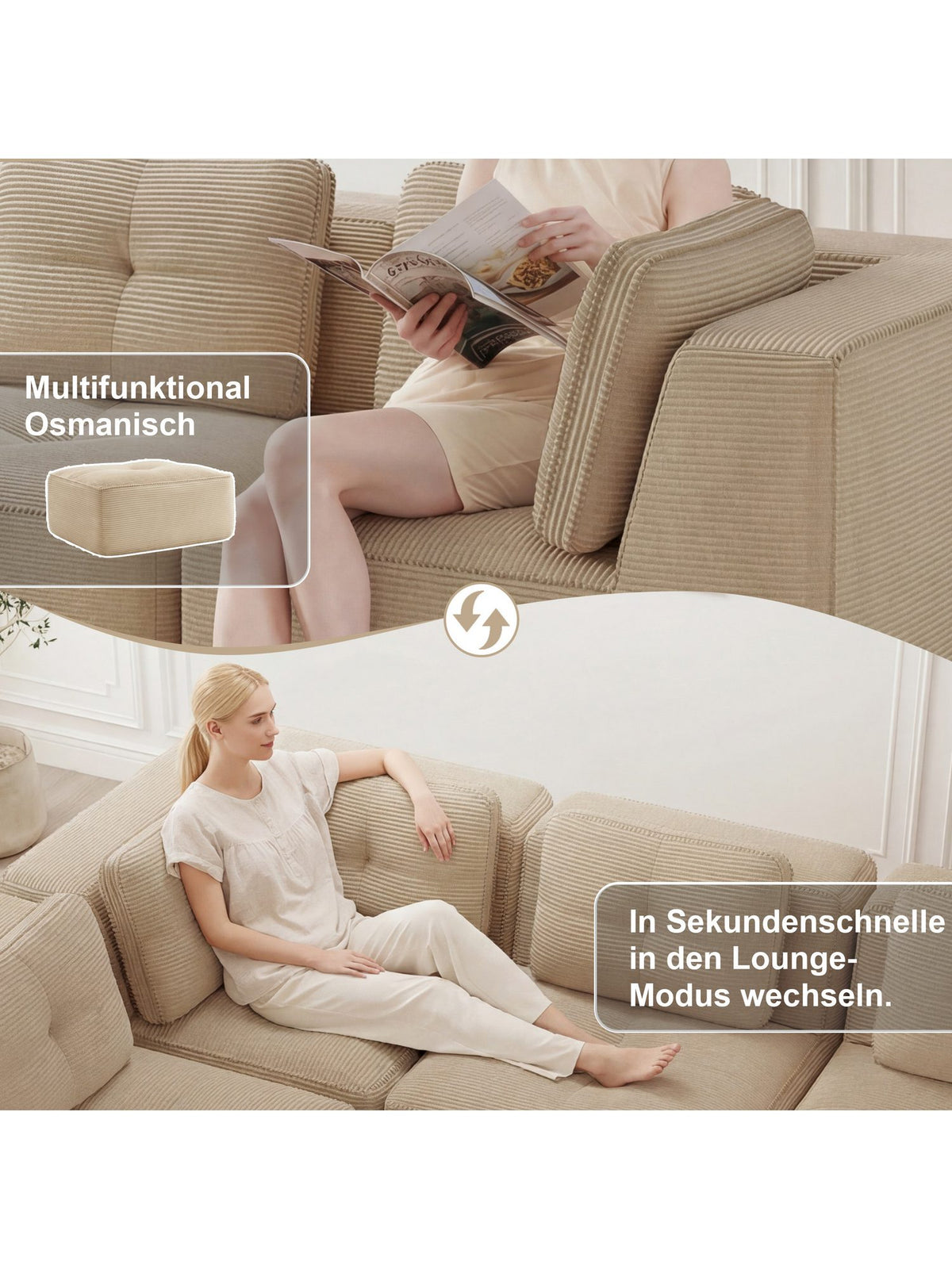 Modulares Cord Sofa in Beige von der Seite