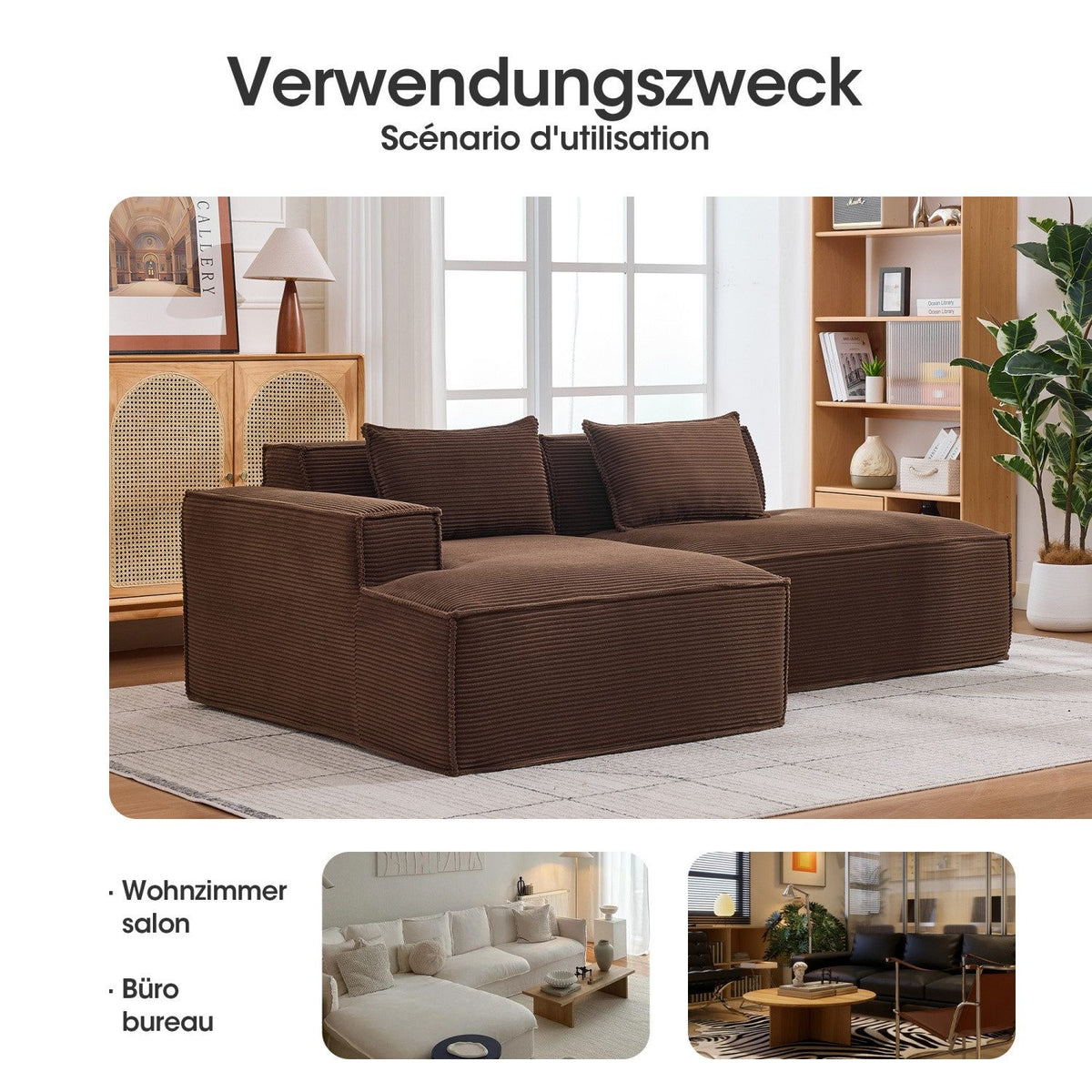 Braunes modulares Cord Ecksofa komplett aufgestellt