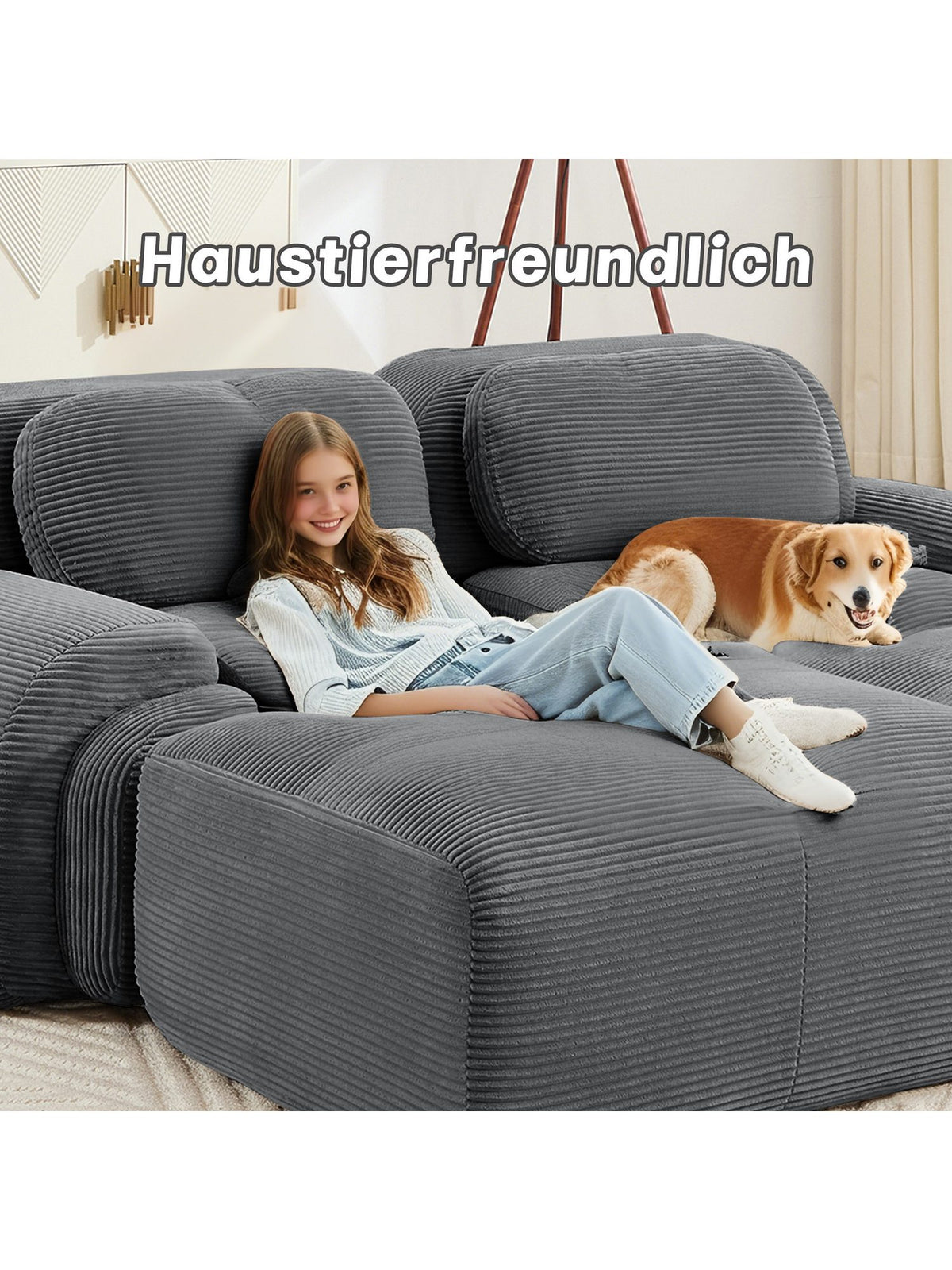 Rahmenloses Cord Sofa in Beige Maßangaben