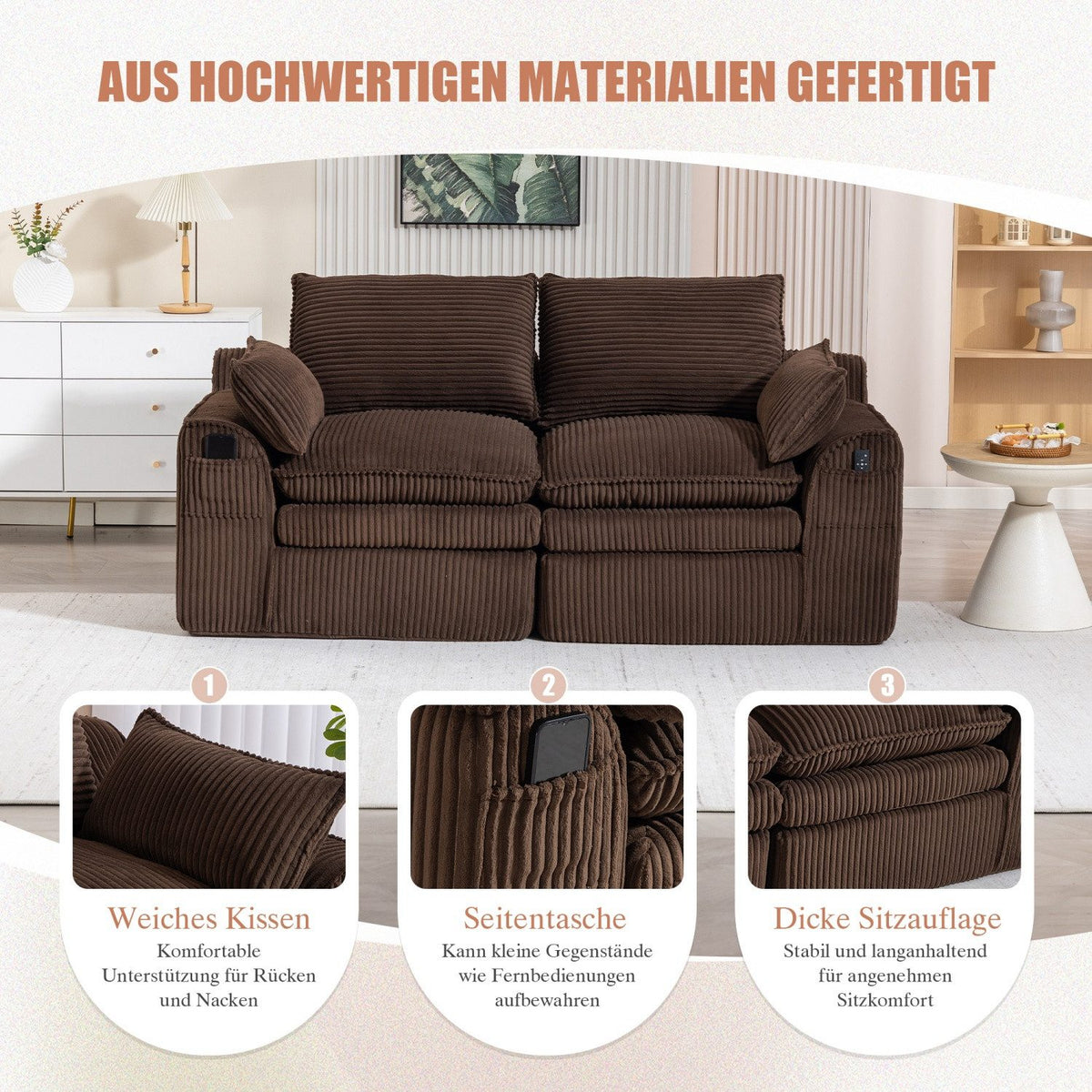 Sitzfläche des ANYSUN Cordsofas mit Kissen
