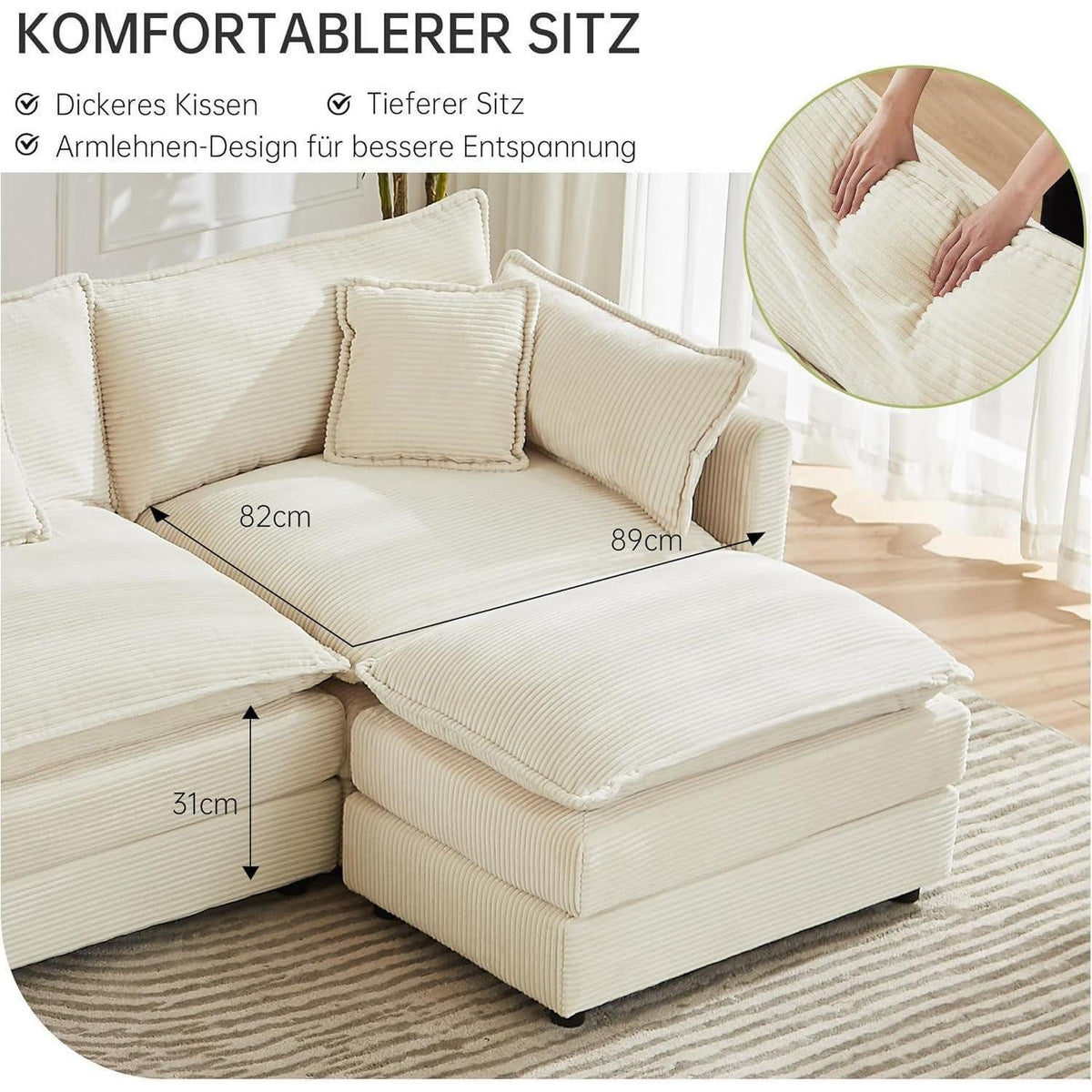 Detailansicht des beigen Cordstoffs der Wohnlandschaft