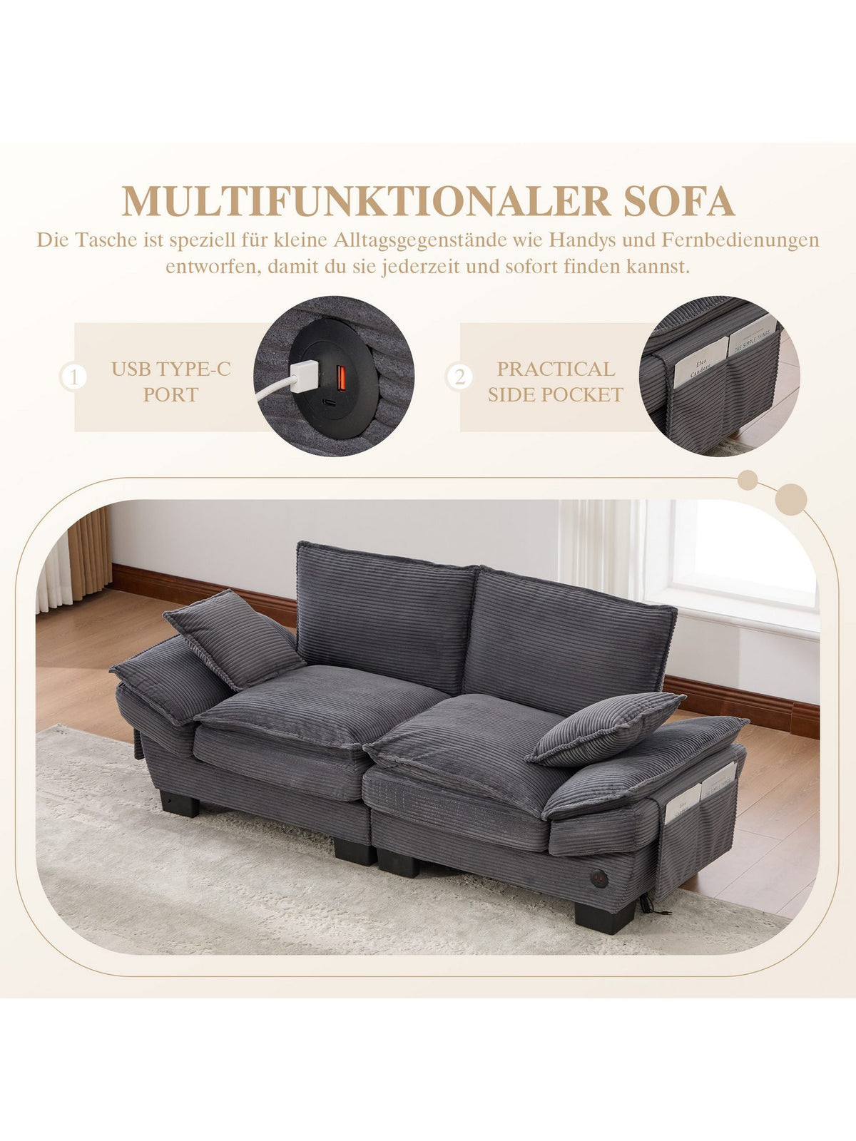 Modulares Cordsofa in Dunkelgrau im Wohnzimmer
