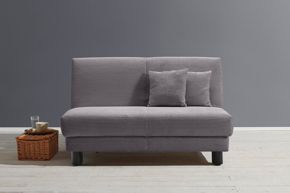 Cord Schlafsofa ENNY in Grau mit zwei Zierkissen
