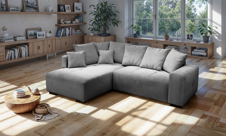 Cord Ecksofa ARPINO in Grau mit Ottomane 243 cm breit
